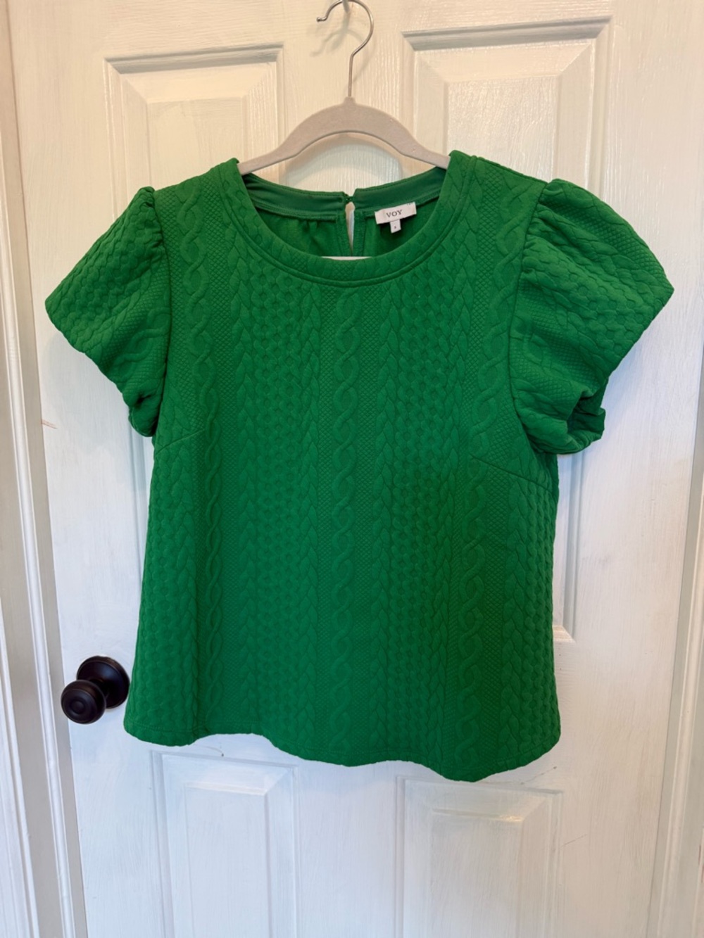 VOY Green Textured Puff-Sleeve Top